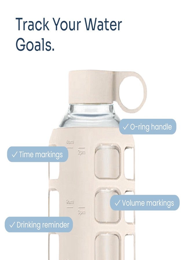 purifyou 40oz / 32oz / 22oz / 12oz Borosilicate Glass Water Bottle with Time & Volume Markers, Silicone Sleeve, Stainless Steel Lid | Reusable Glass Bottle for Water & Juice (32oz Pearled Ivory) - Image 3